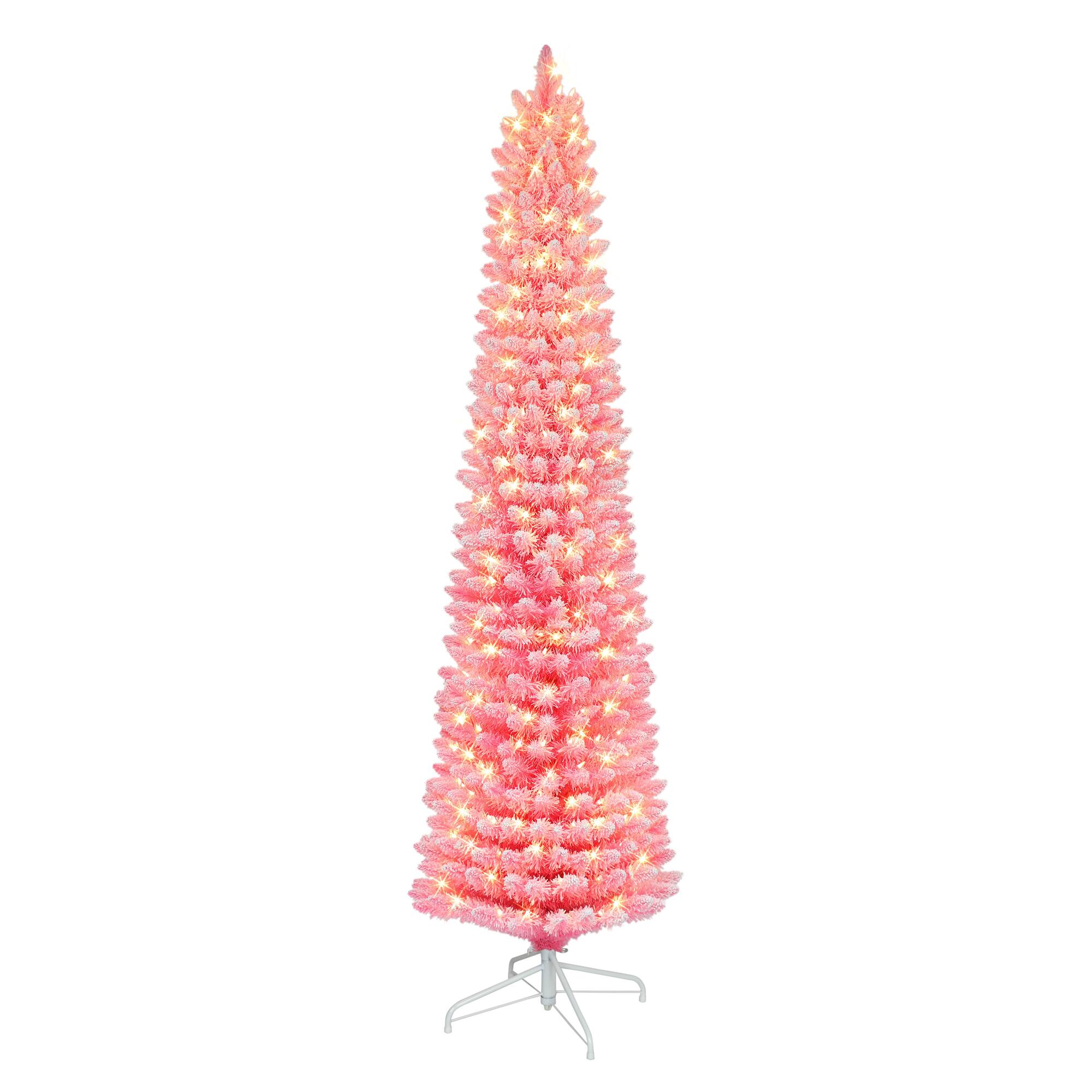 6.5ft. Pre-Lit Flocked Fashion Pink Artificial Christmas Tree, Clear Lights